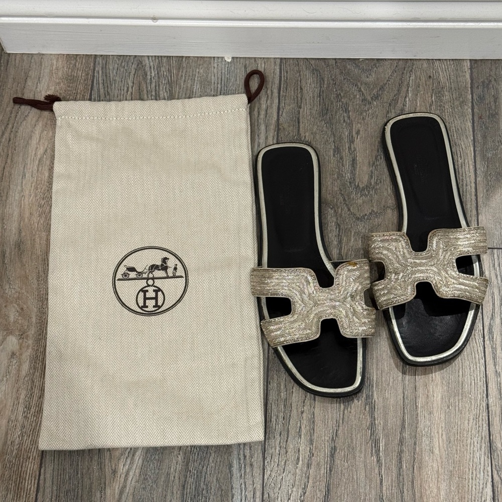 Hermes Black and Silver Sandals with dust bag